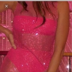 MESHKI Emerson Diamante Mesh Fishnet  Tank Top In Fuchsia Pink. Size Med NWT